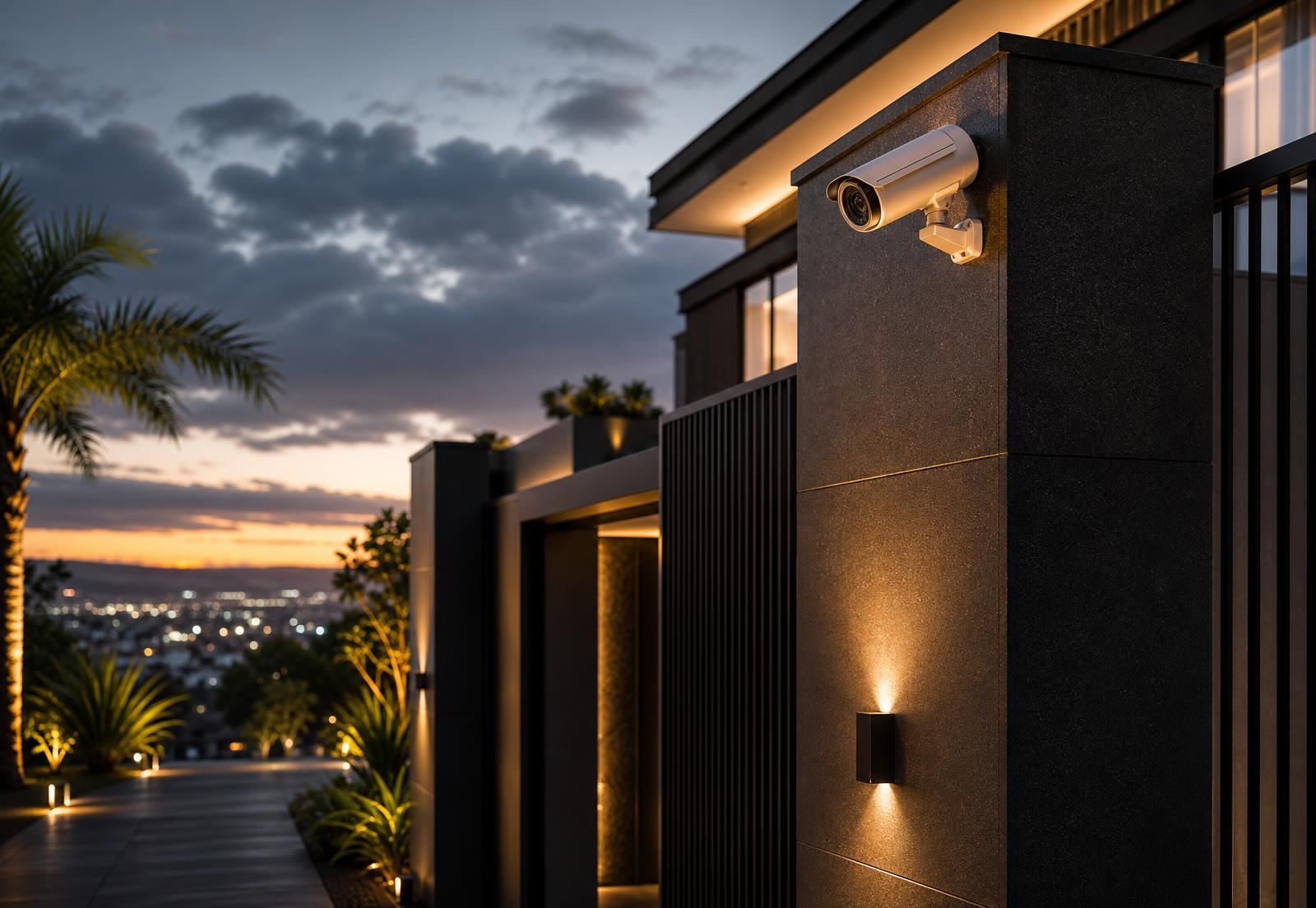 Câmera de segurança instalada na entrada de uma residência moderna