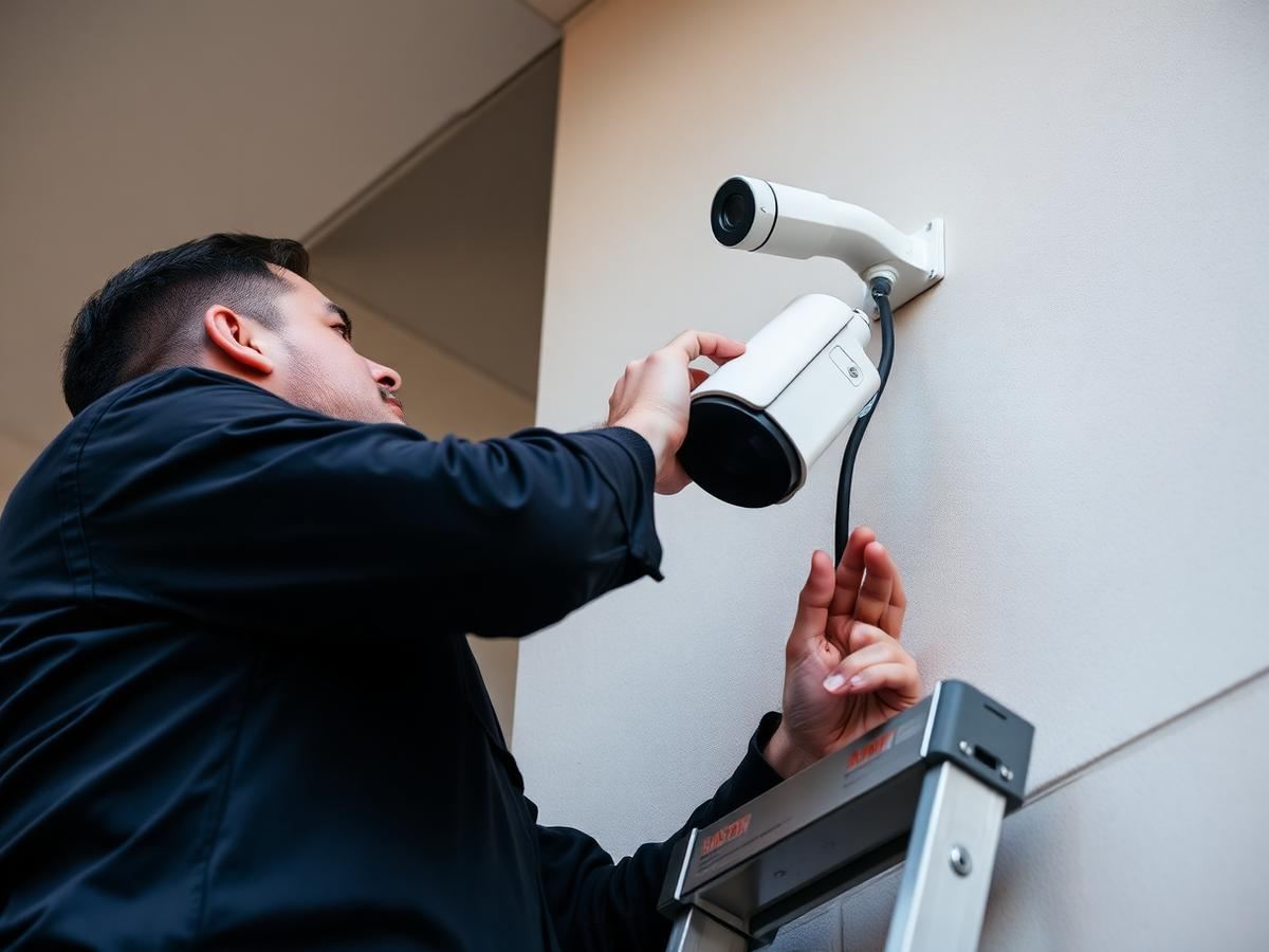 Técnico da Mafratec instalando câmera de segurança